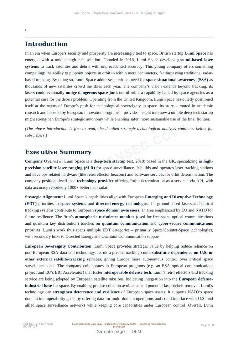 Sample page from “Lumi Space – High‑Precision Satellite Laser Ranging for Space Situational Awareness” — 39-page report