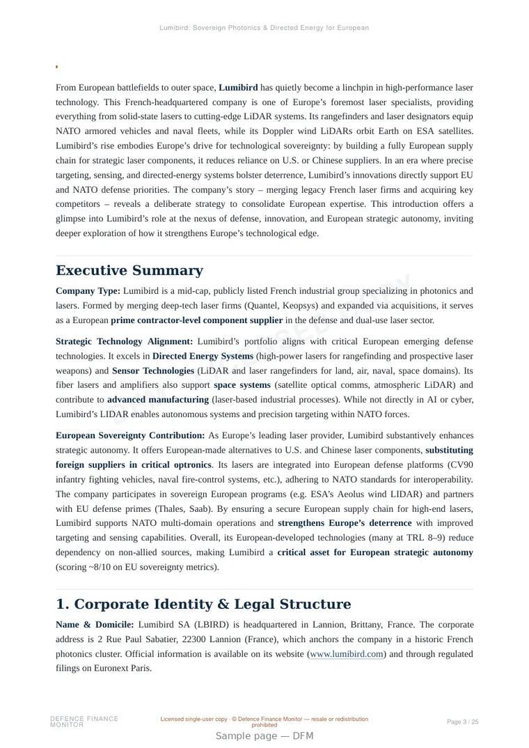Sample page from “Lumibird: Sovereign Photonics & Directed Energy for European Defence” — 26-page report