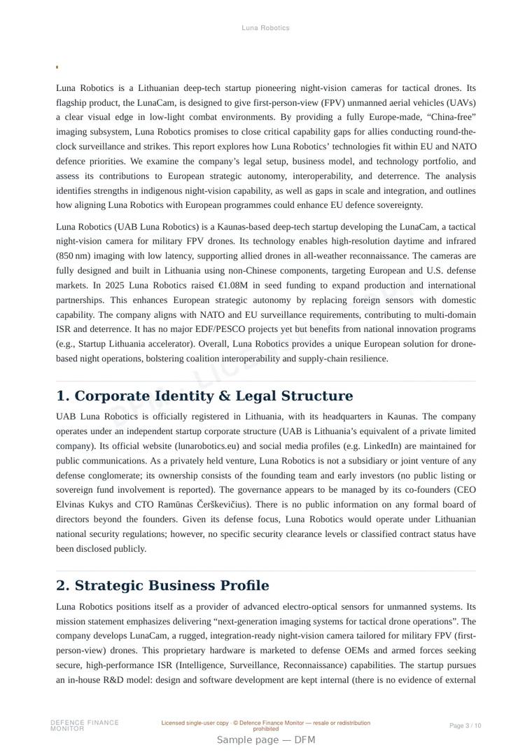 Sample page from “Luna Robotics” — 11-page report