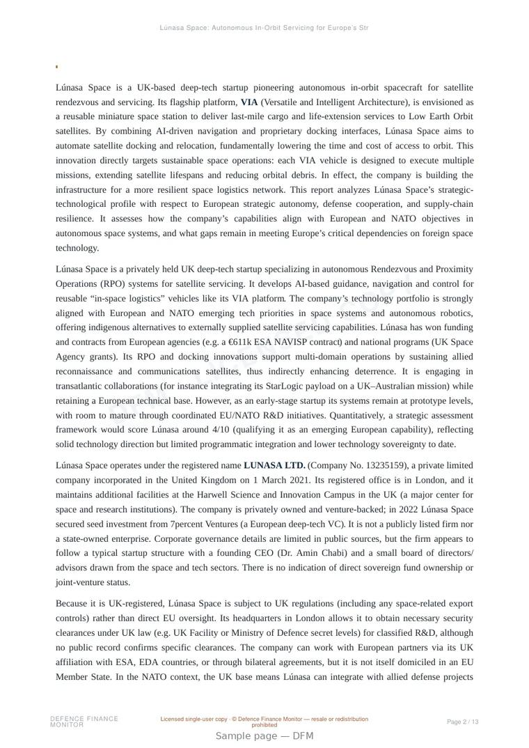 Sample page from “Lúnasa Space: Autonomous In-Orbit Servicing for Europe’s Strategic Autonomy” — 14-page report