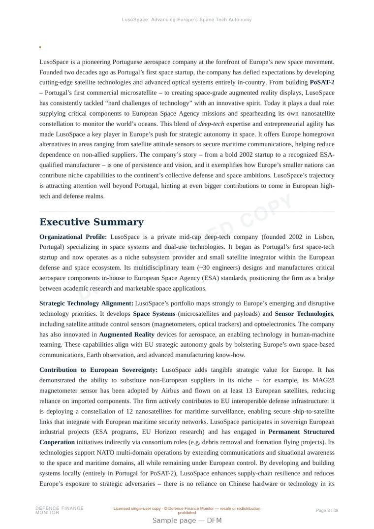 Sample page from “LusoSpace: Advancing Europe’s Space Tech Autonomy” — 39-page report