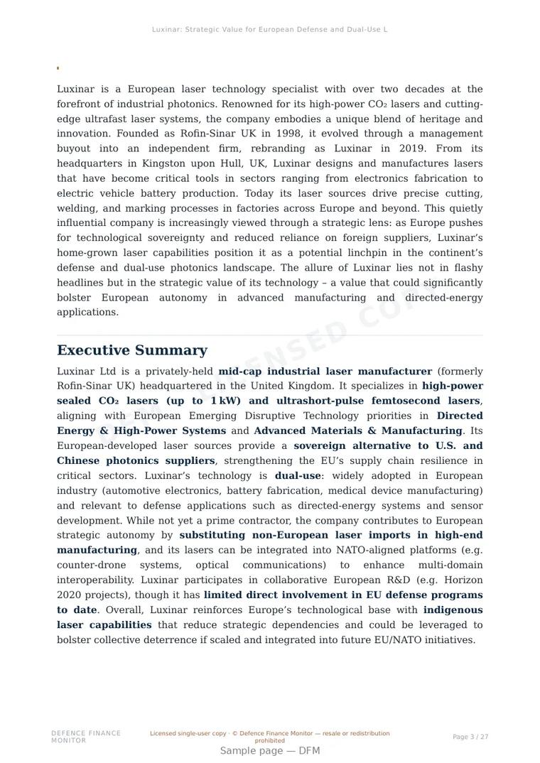 Sample page from “Luxinar: Strategic Value for European Defense and Dual-Use Laser Technologies” — 28-page report