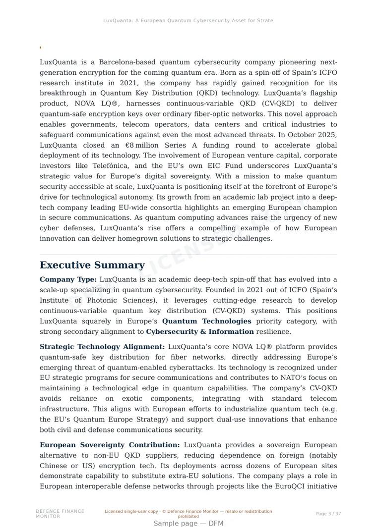 Sample page from “LuxQuanta: A European Quantum Cybersecurity Asset for Strategic Autonomy” — 38-page report