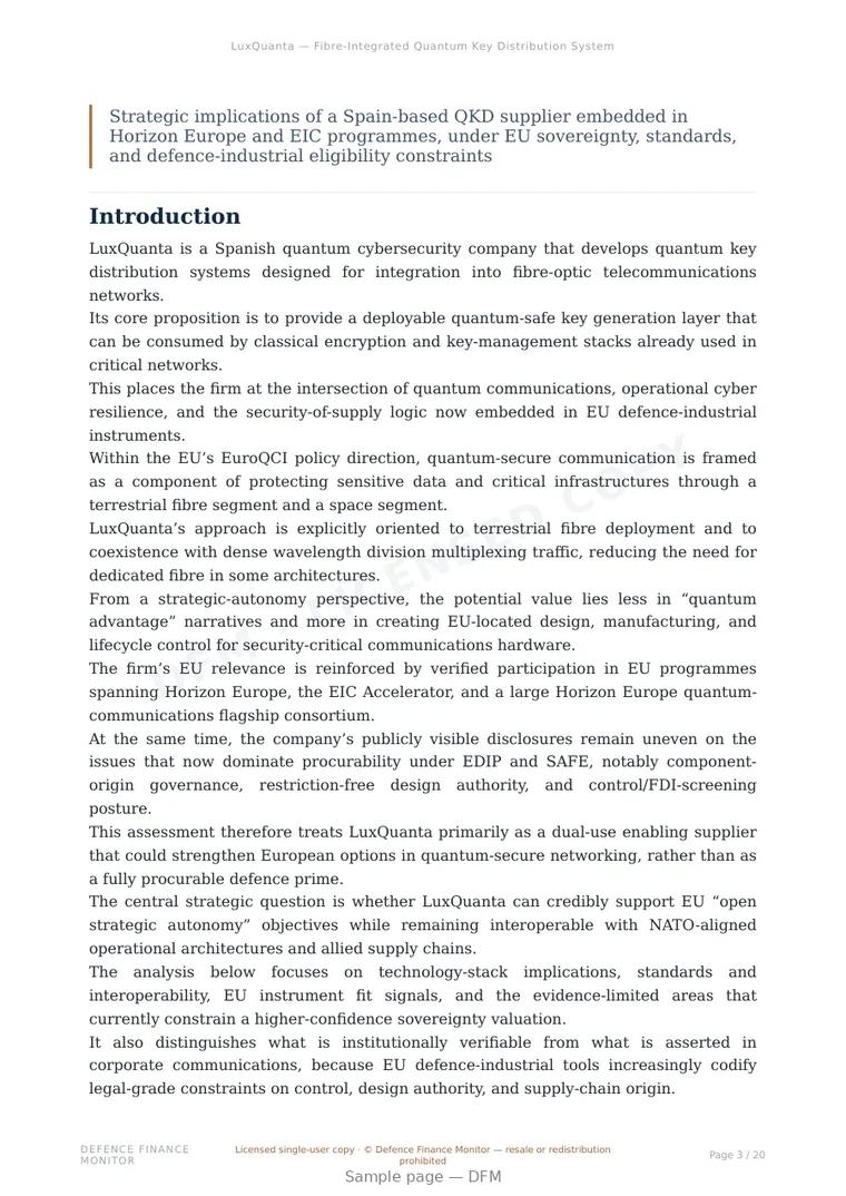 Sample page from “LuxQuanta — Fibre-Integrated Quantum Key Distribution Systems for European Secure Communications Infrastructure” — 21-page report