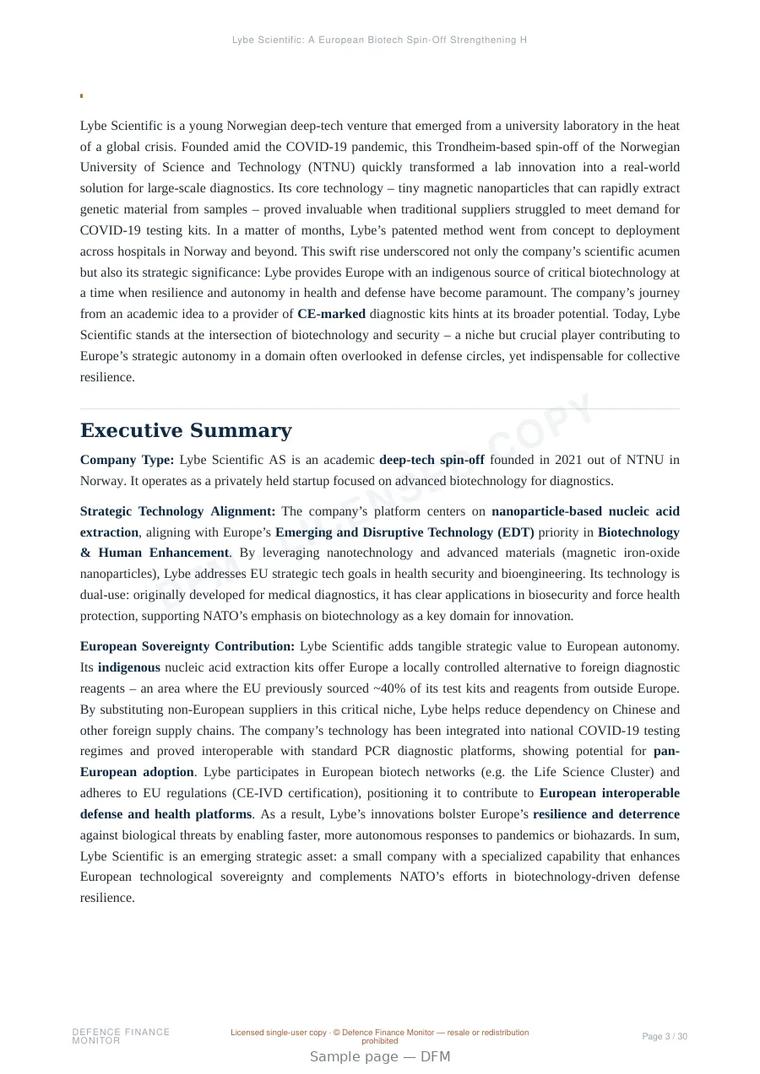 Sample page from “Lybe Scientific: A European Biotech Spin-Off Strengthening Health Security and Strategic Autonomy” — 31-page report