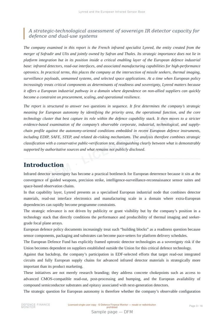 Sample page from “Lynred and the European Infrared Sensor Base” — 17-page report