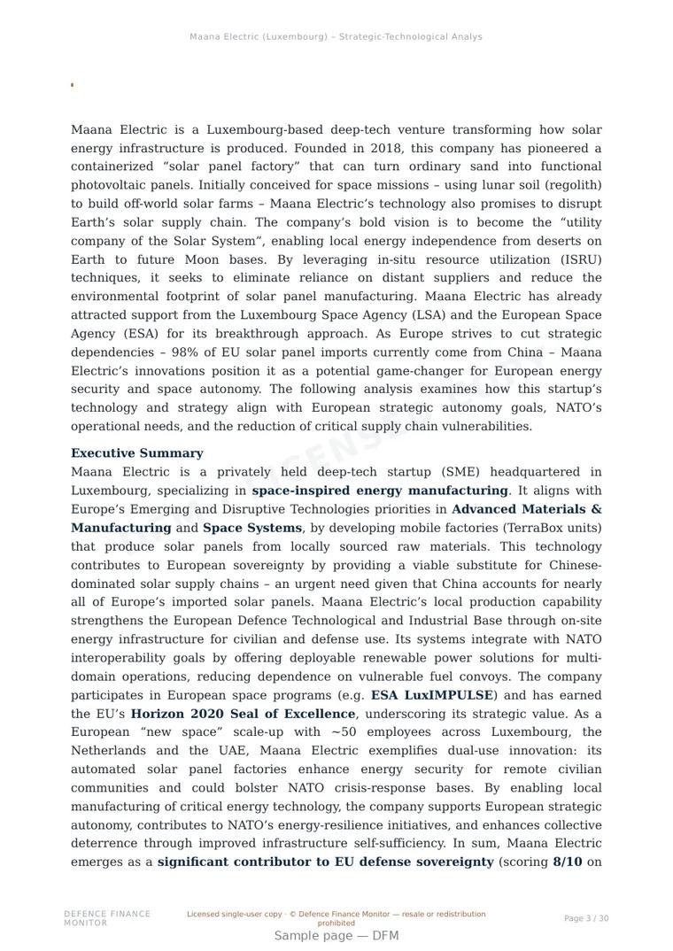 Sample page from “Maana Electric — Luxembourg energy storage company” — 31-page report