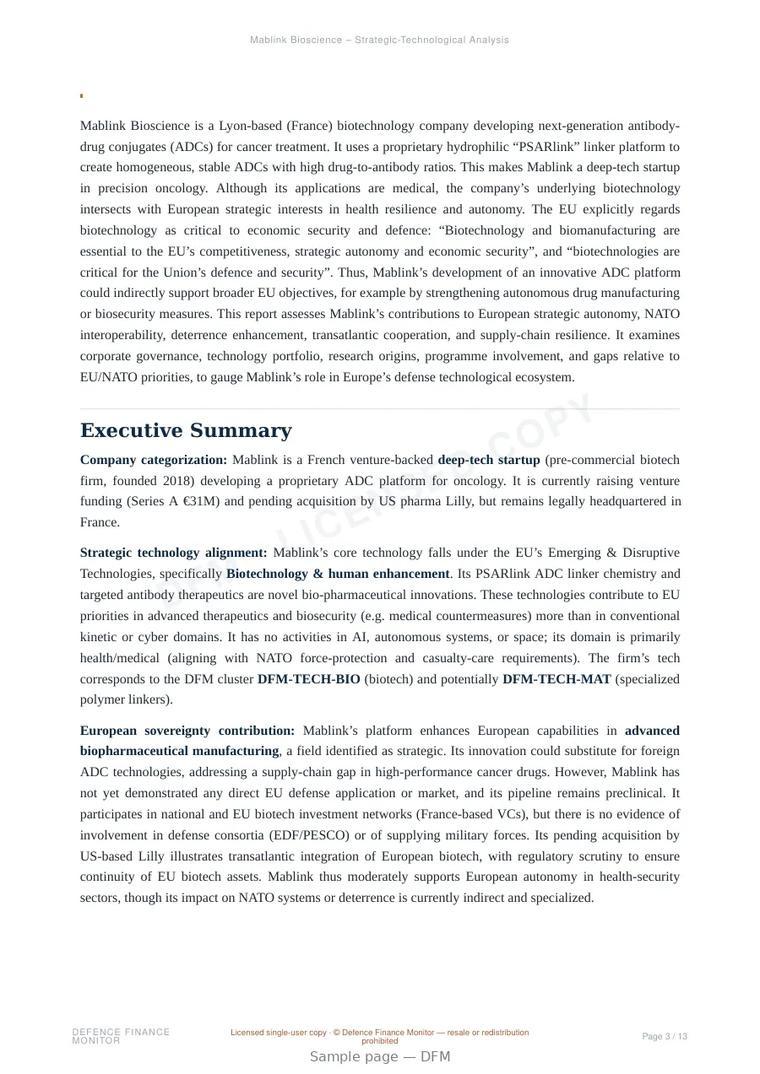 Sample page from “Mablink Bioscience — France biotechnology company” — 14-page report