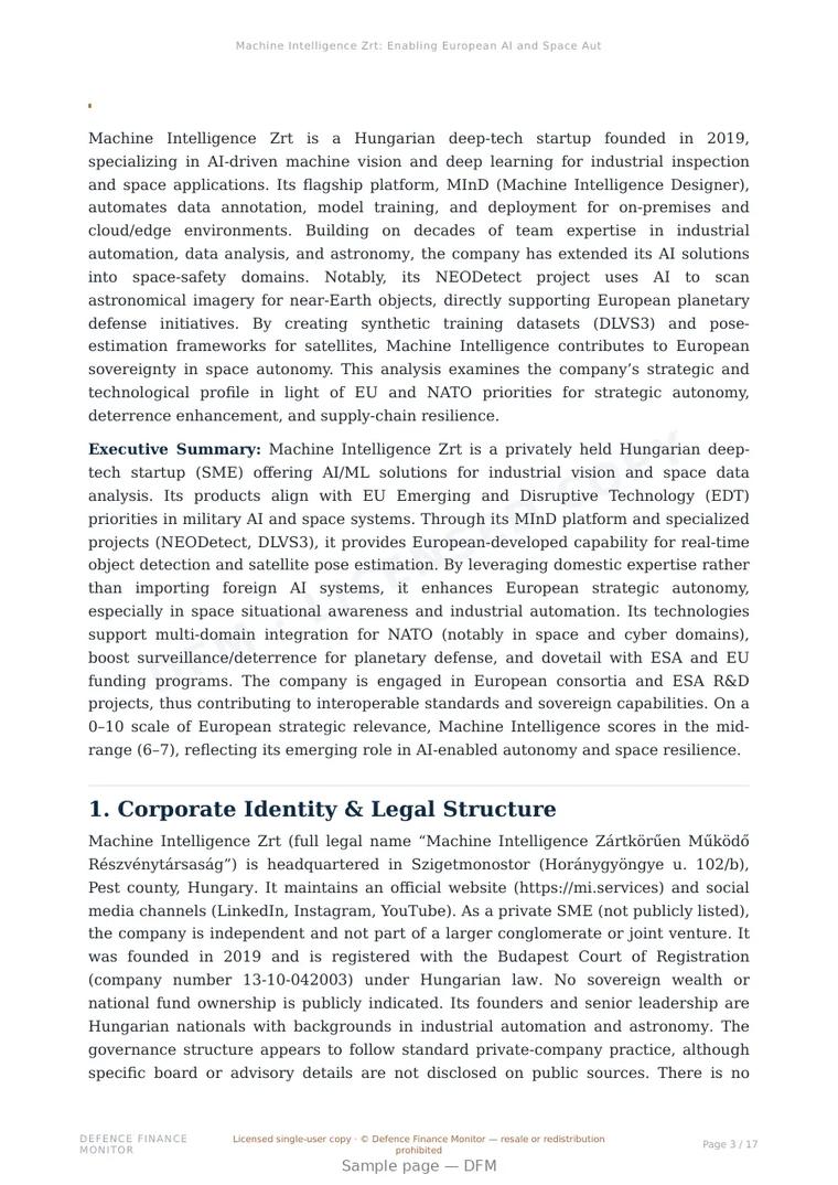 Sample page from “Machine Intelligence Zrt: Enabling European AI and Space Autonomy with Industrial Vision Systems” — 18-page report