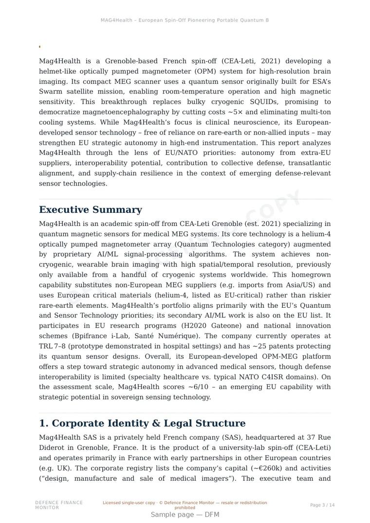 Sample page from “MAG4Health – European Spin-Off Pioneering Portable Quantum Brain Imaging” — 15-page report