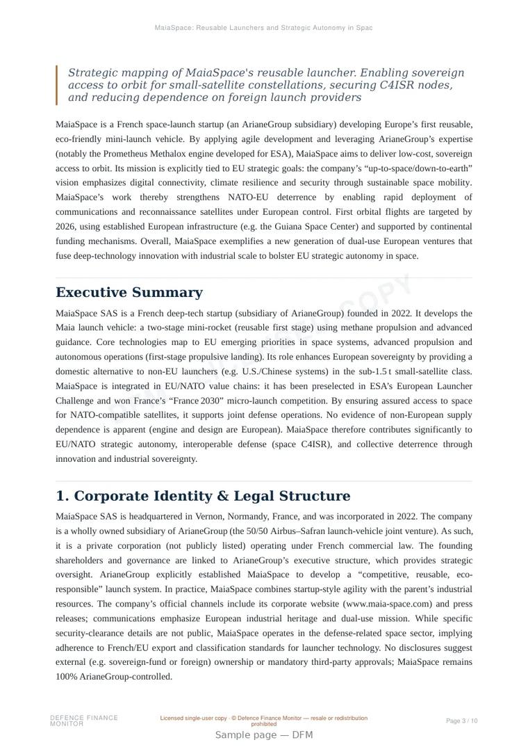 Sample page from “MaiaSpace: Reusable Launchers and Strategic Autonomy in Space” — 11-page report