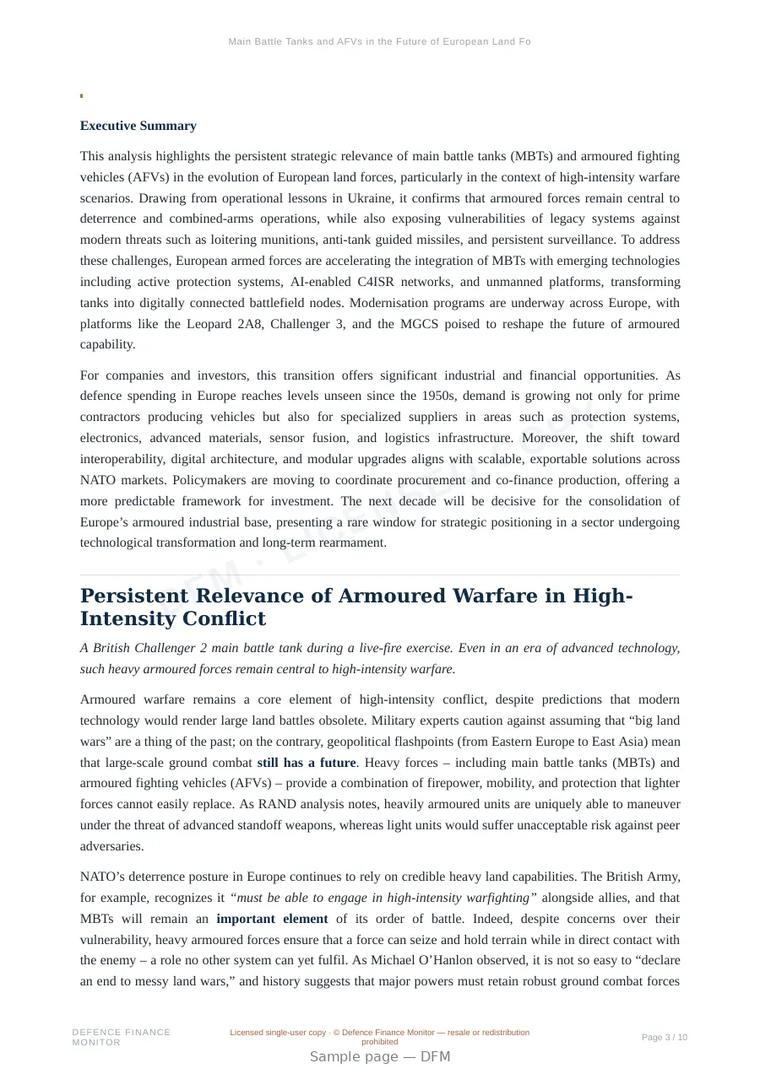 Sample page from “Main Battle Tanks and AFVs in the Future of European Land Forces” — 11-page report