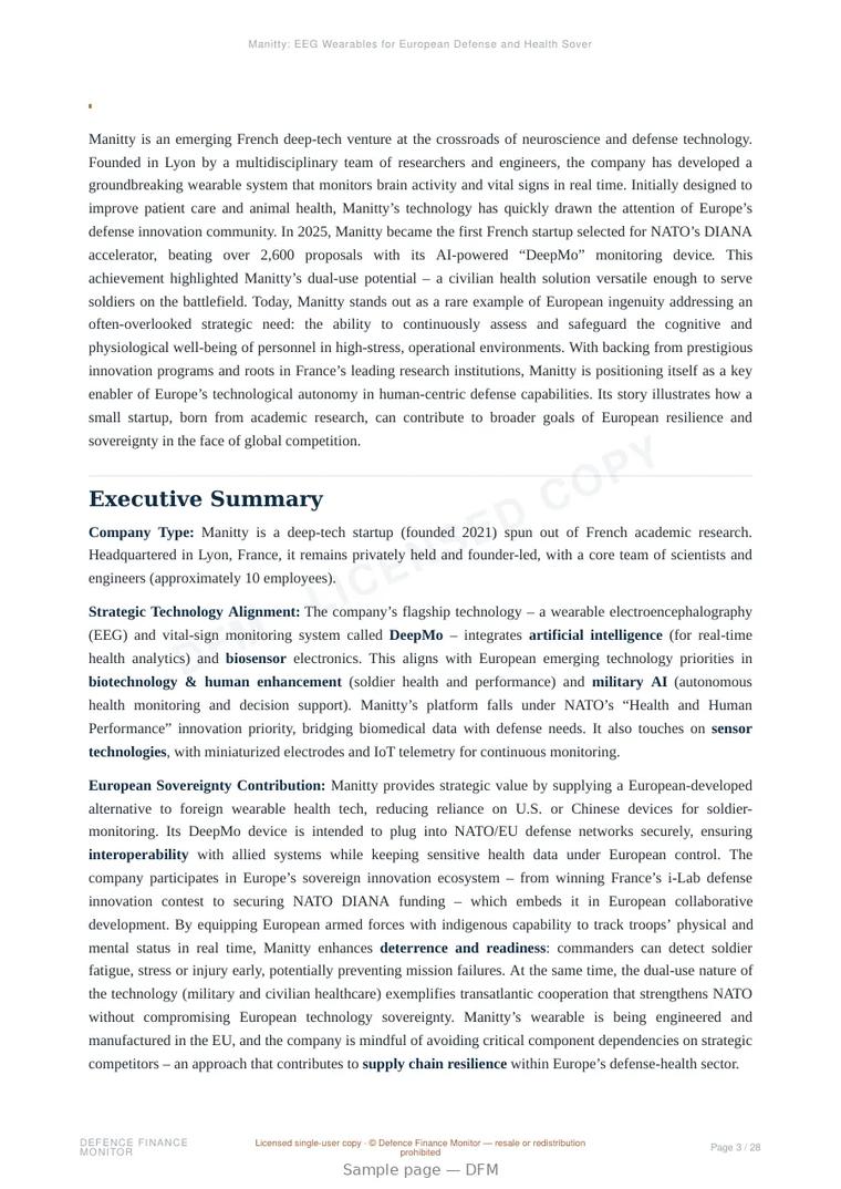 Sample page from “Manitty: EEG Wearables for European Defense and Health Sovereignty” — 29-page report