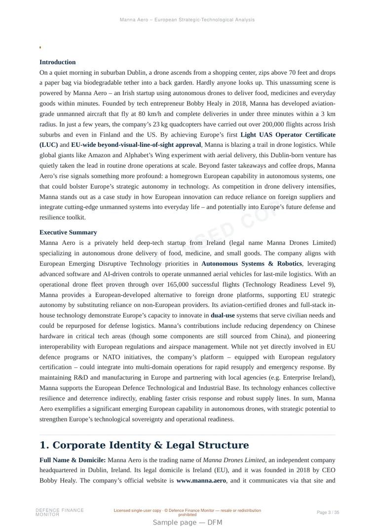 Sample page from “Manna Aero — Ireland unmanned aerial systems company” — 36-page report