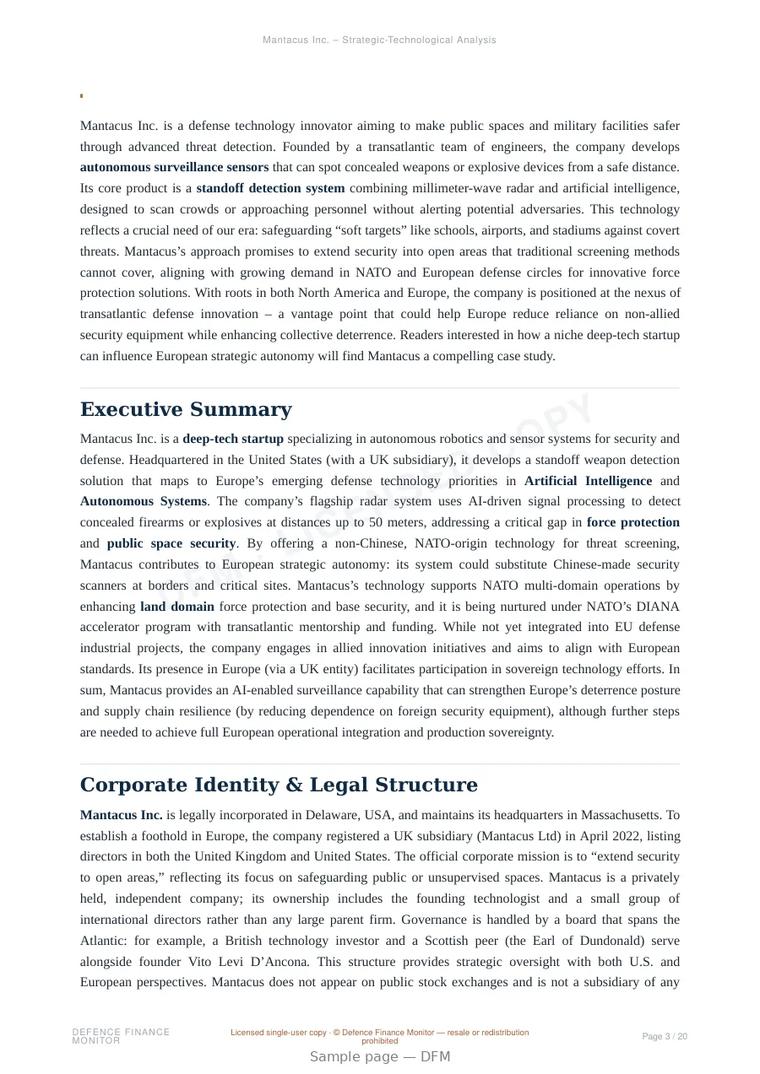 Sample page from “Mantacus Inc. — radar systems company” — 21-page report