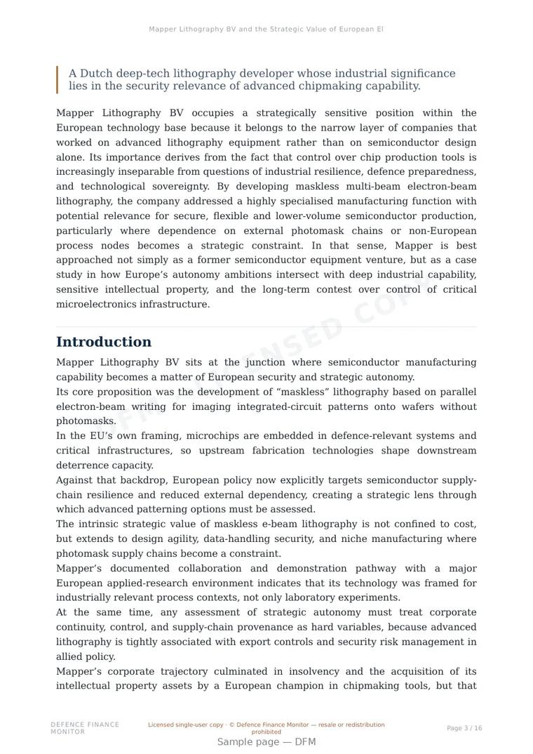 Sample page from “Mapper Lithography BV and the Strategic Value of European Electron-Beam Lithography in Semiconductor Sovereignty” — 17-page report