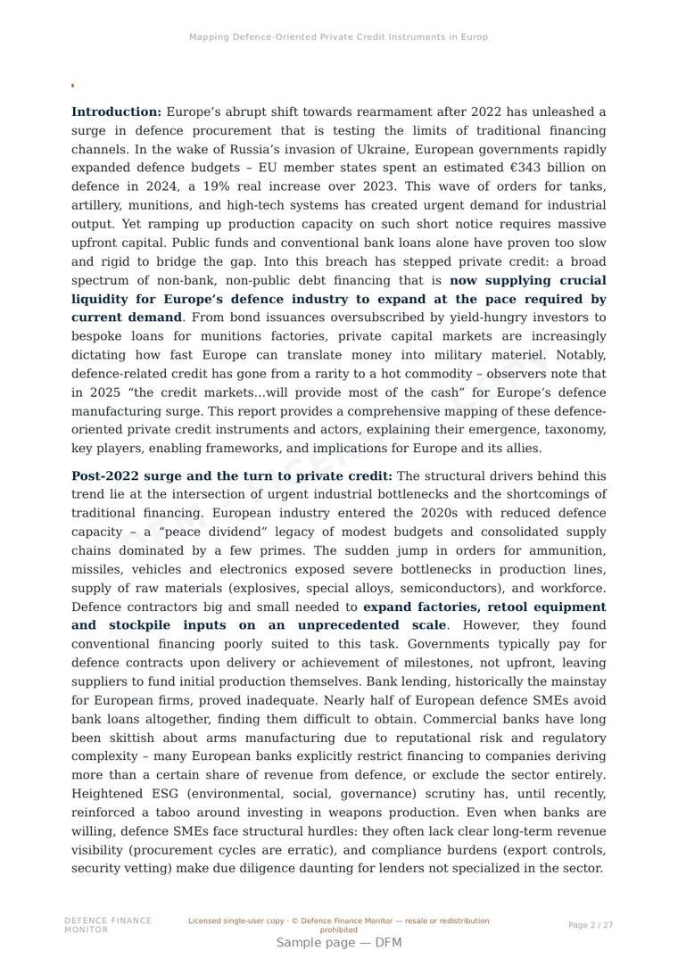Sample page from “Mapping Defence-Oriented Private Credit Instruments in Europe and Allied Markets” — 28-page report