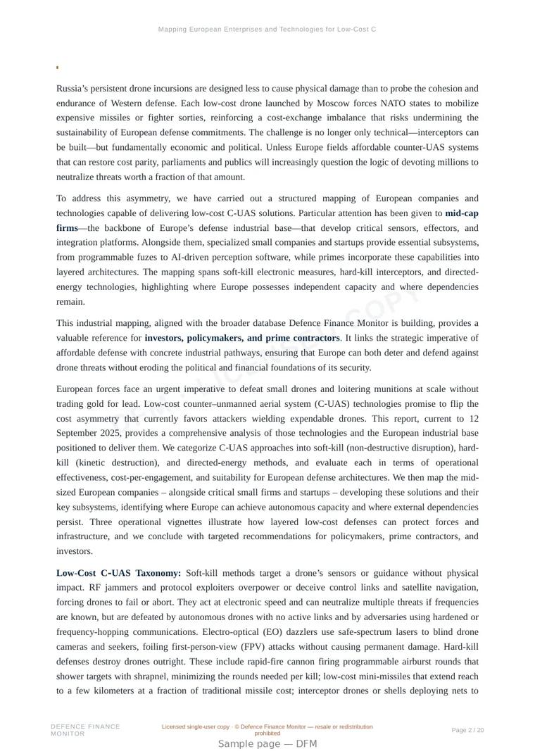 Sample page from “Mapping European Enterprises and Technologies for Low-Cost Counter-UAS” — 21-page report