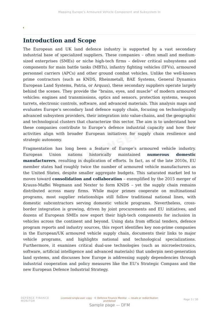 Sample page from “Mapping Europe’s Armoured Vehicle Component and Subsystem Industry” — 31-page report