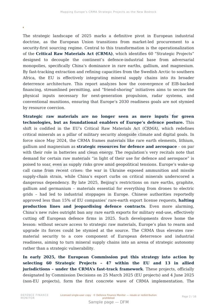 Sample page from “Mapping Europe’s CRMA Strategic Projects as the New Bedrock of 2030 Defence Readiness” — 17-page report