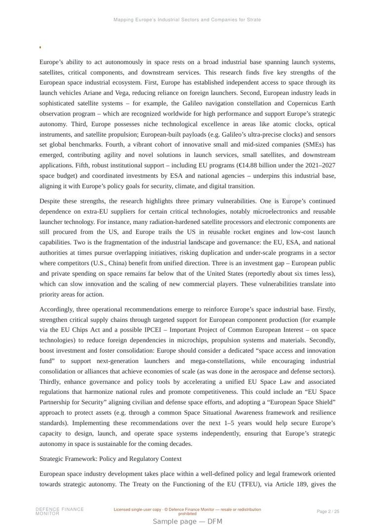 Sample page from “Mapping Europe’s Industrial Sectors and Companies for Strategic Autonomy in Space” — 26-page report