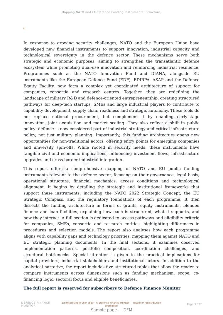 Sample page from “Mapping NATO and EU Defence Funding Instruments: Structure, Access and Strategic Alignment” — 23-page report