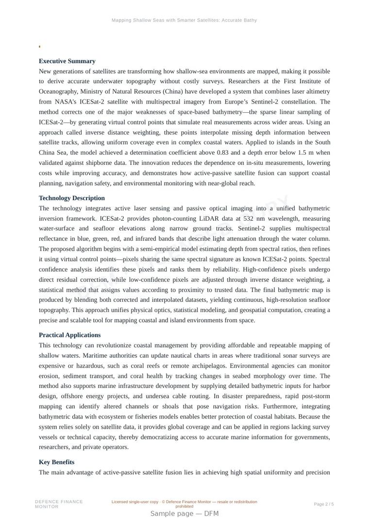 Sample page from “Mapping Shallow Seas with Smarter Satellites: Accurate Bathymetry from Space” — 6-page report