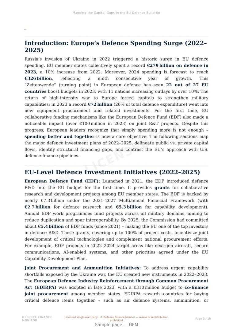 Sample page from “Mapping the Capital Gaps in the EU Defence Build-Up” — 16-page report