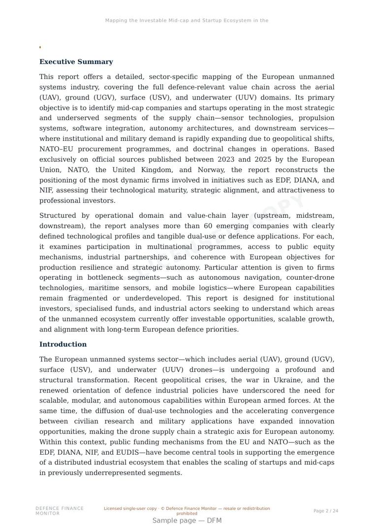 Sample page from “Mapping the Investable Mid-cap and Startup Ecosystem in the Drone Defence Supply Chain in Europe, UK, and Norway” — 25-page report
