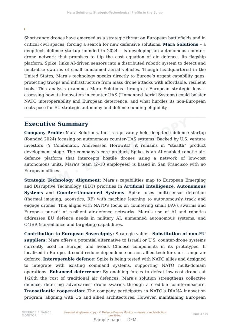 Sample page from “Mara Solutions: Strategic-Technological Profile in the European Defence and Dual-Use Innovation Landscape” — 37-page report