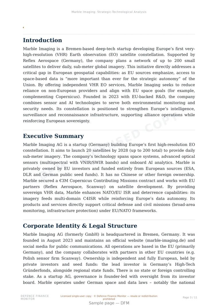 Sample page from “Marble Imaging — Germany space-based isr company” — 12-page report