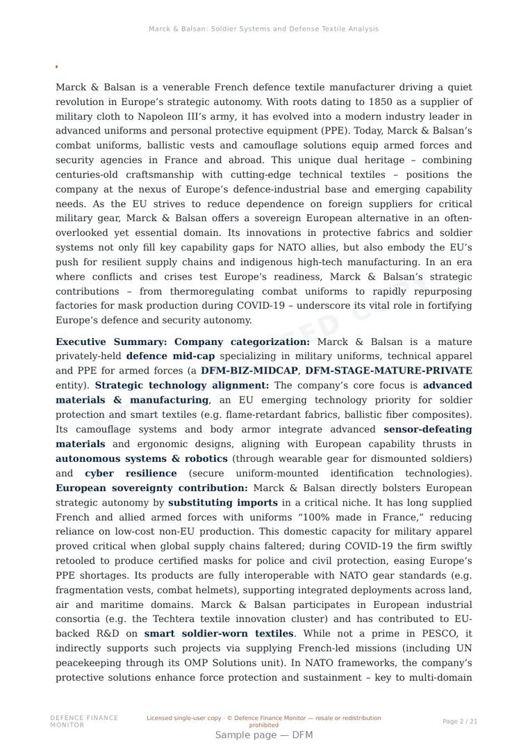 Sample page from “Marck & Balsan: Soldier Systems and Defense Textile Analysis” — 22-page report