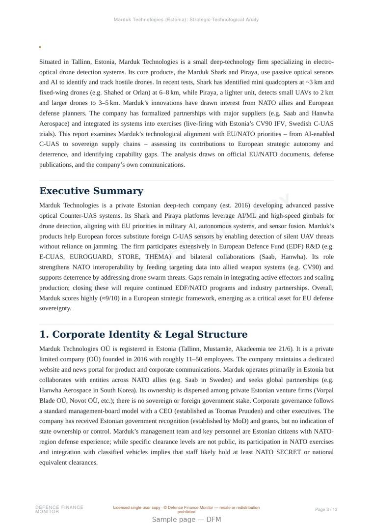 Sample page from “Marduk Technologies — Estonia electro-optical company” — 14-page report