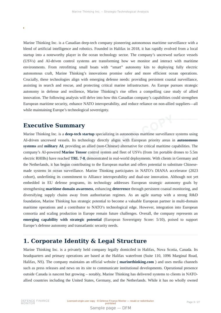 Sample page from “Marine Thinking Inc. — Canada unmanned surface systems company” — 28-page report