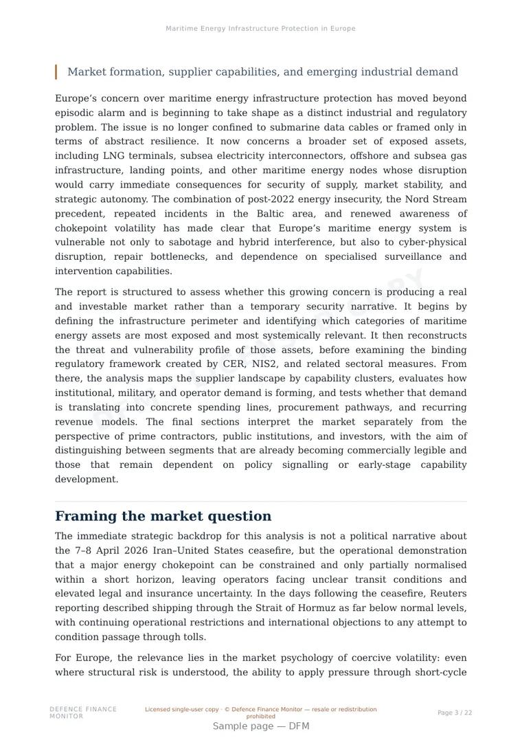 Sample page from “Maritime Energy Infrastructure Protection in Europe” — 23-page report