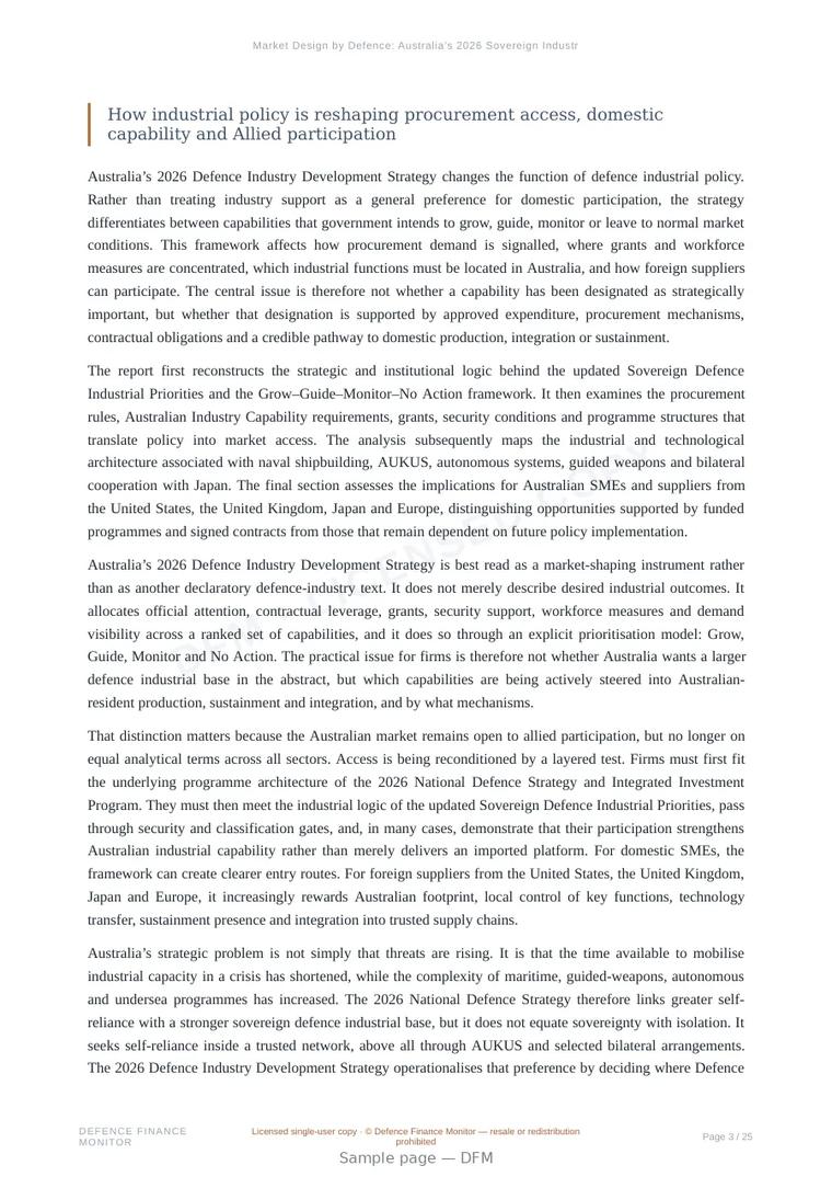 Sample page from “Market Design by Defence: Australia’s 2026 Sovereign Industrial Priorities” — 26-page report