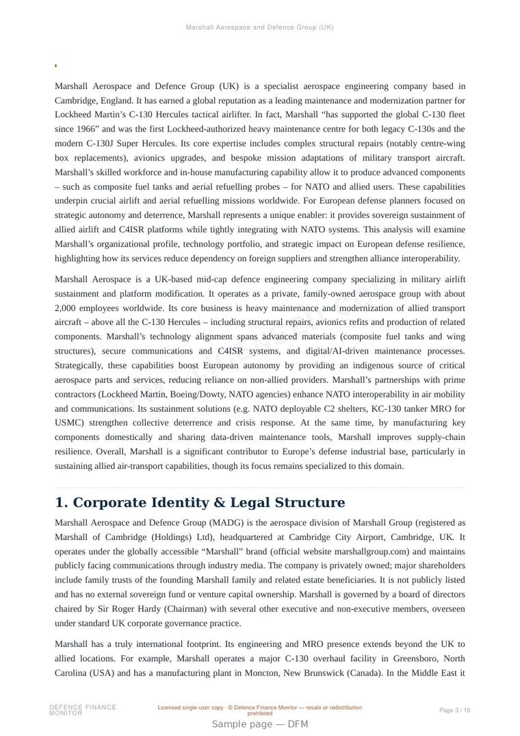 Sample page from “Marshall Aerospace and Defence Group (UK)” — 16-page report