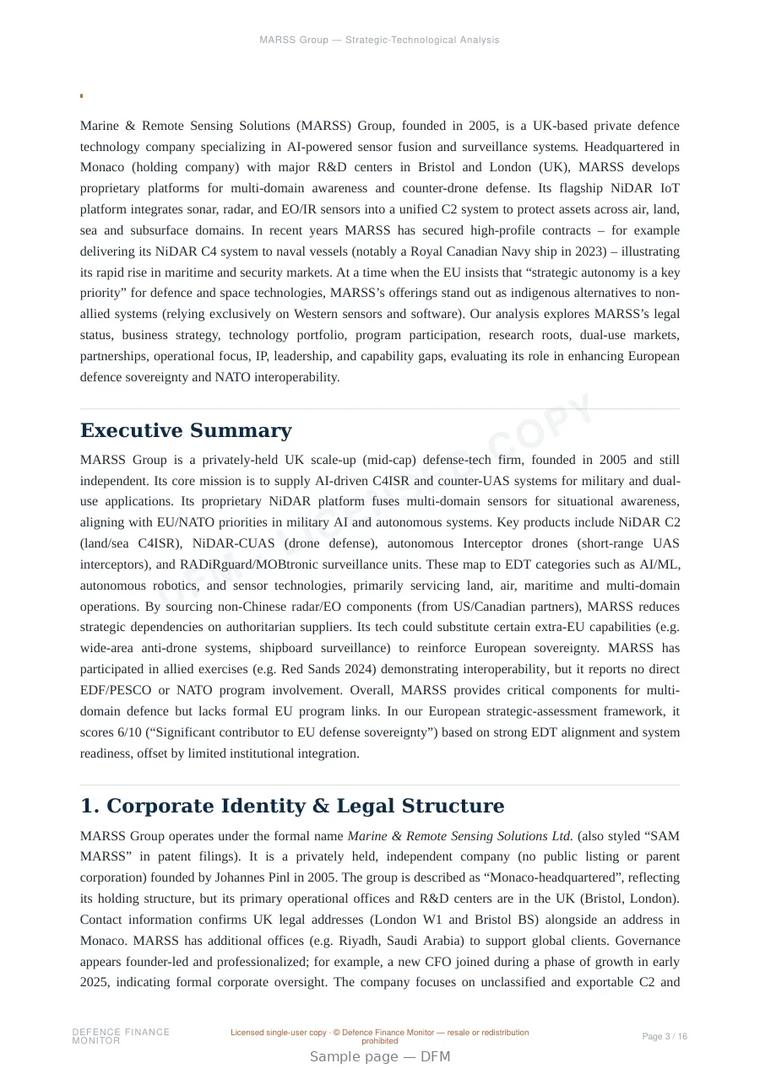 Sample page from “MARSS Group — United Kingdom multi-source data fusion company” — 17-page report