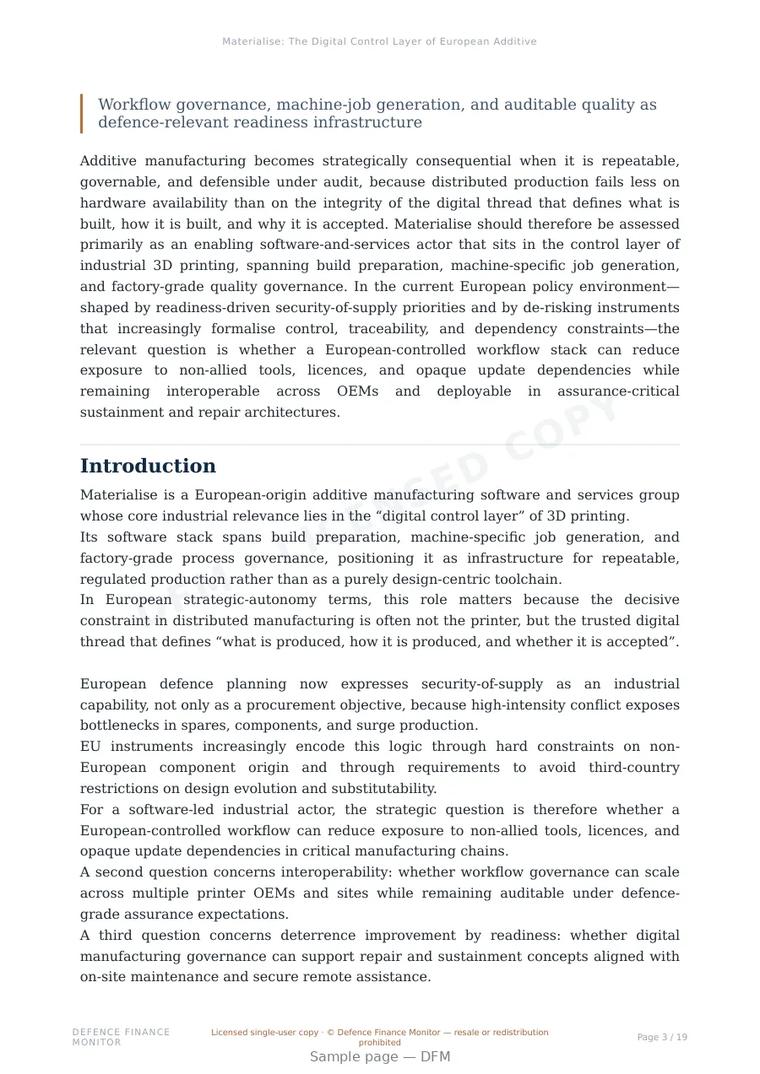 Sample page from “Materialise: The Digital Control Layer of European Additive Manufacturing Sovereignty” — 20-page report