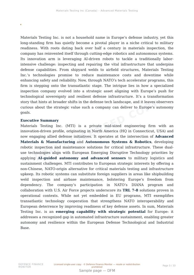 Sample page from “Materials Testing Inc (Canada) – Advanced Materials Testing for Critical Sectors” — 34-page report
