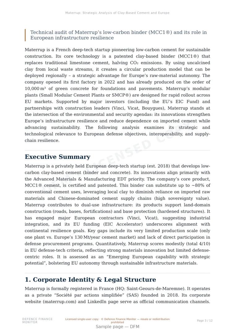 Sample page from “Materrup: Strategic Analysis of Clay-Based Cement and European Sovereignty” — 13-page report