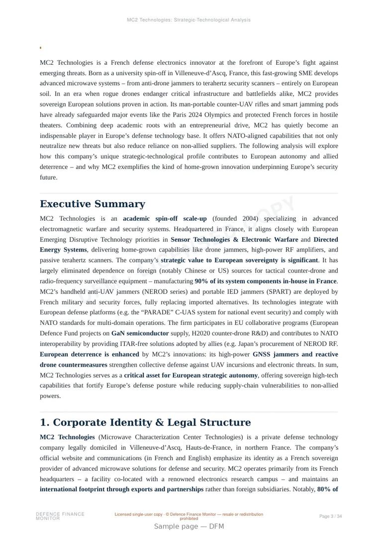 Sample page from “MC2 Technologies — France defence company” — 35-page report
