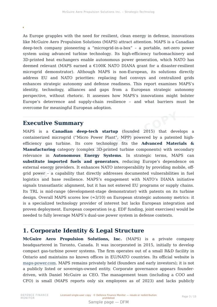 Sample page from “McGuire Aero Propulsion Solutions Inc. – Strategic-Technological Profile” — 16-page report