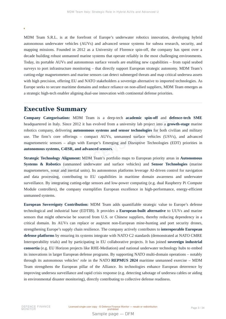 Sample page from “MDM Team Italy: Strategic Role in Hybrid AUVs and Advanced Underwater Sensing for European Defence Autonomy” — 35-page report
