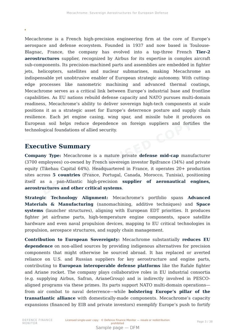 Sample page from “Mecachrome: Sovereign Aerostructures for European Defense” — 39-page report