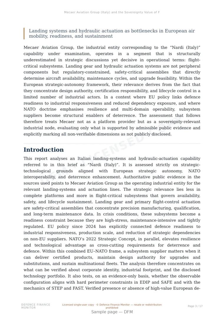 Sample page from “Mecaer Aviation Group (Italy) and the Sovereignty Value of Flight-Critical Subsystems” — 18-page report