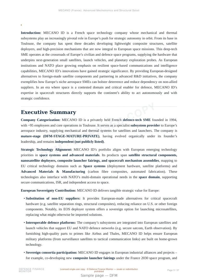 Sample page from “MECANO (France): Advanced Mechatronics and Structural Solutions for European Defence and Dual-Use Platforms” — 38-page report
