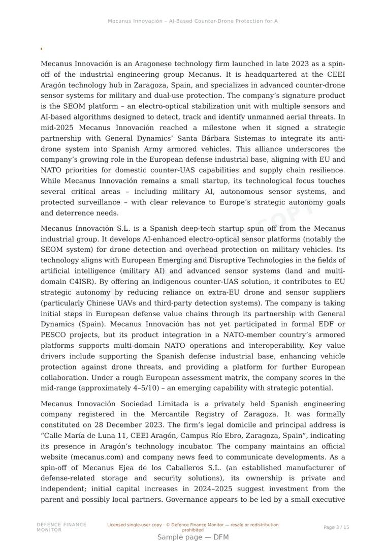 Sample page from “Mecanus Innovación – AI-Based Counter-Drone Protection for Armored Vehicles” — 16-page report