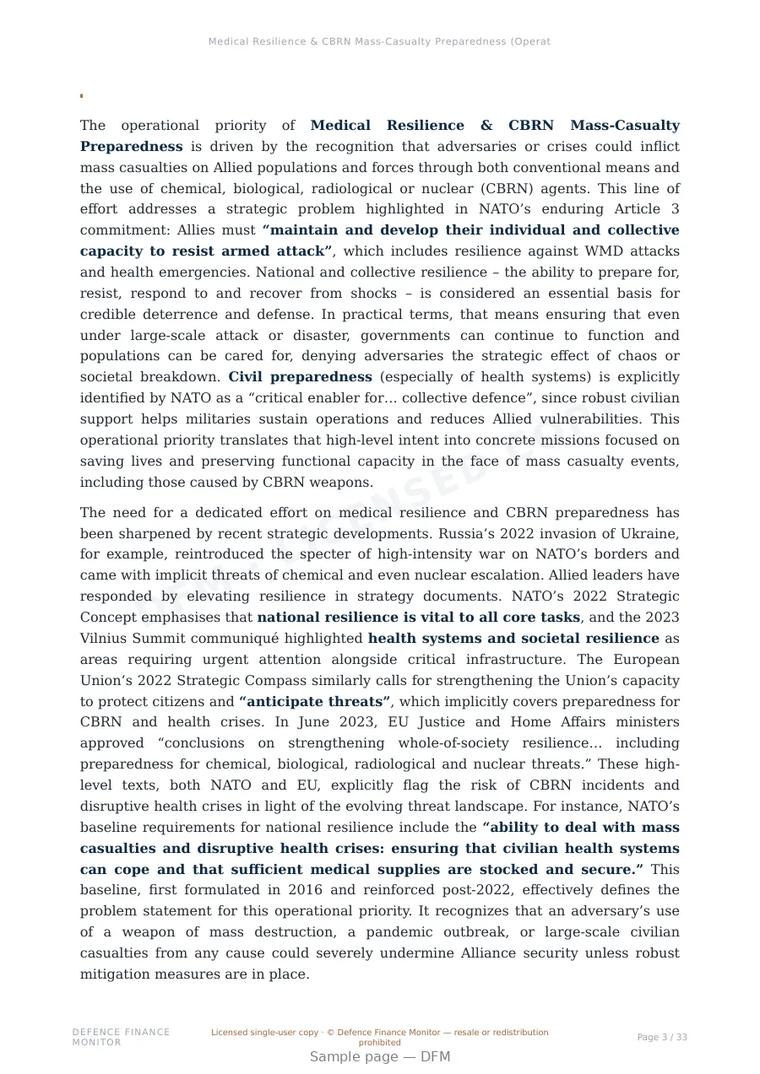 Sample page from “Medical Resilience & CBRN Mass-Casualty Preparedness (Operational Priorities)” — 34-page report