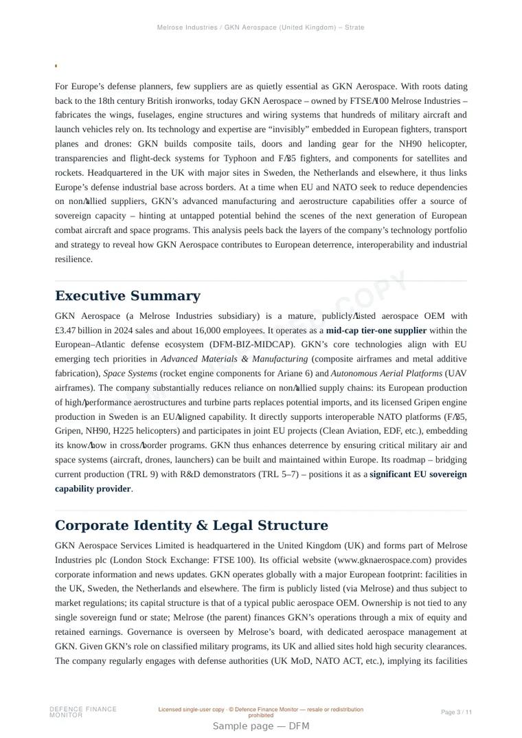 Sample page from “GKN Aerospace — United Kingdom air platforms company” — 12-page report